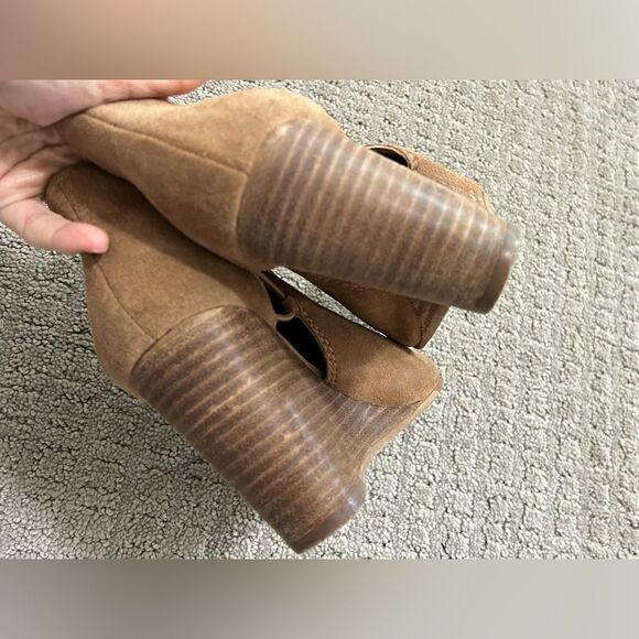 Lucky Brand Carmel Brown Suede Peep Toe Wedge Booties - Picture 8 of 12